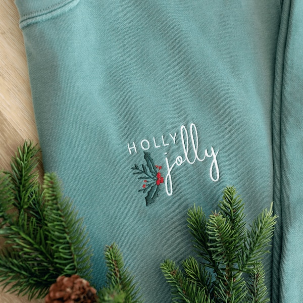 Holly Jolly Embroidered Light Green Comfort Colors Crewneck Sweatshirt or T-shirt, Winter, Minimalistic Shirt, Christmas Secret Santa Gift