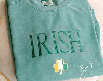 Custom Irish Embroidered Comfort Colors Crewneck Sweatshirt, Green Irish Country Flag Vintage Wash Family Heritage Gift