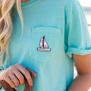 Sailboat Embroidered Pocket Tee, Long Sleeve, Crewneck Sweatshirt, Summer Nautical Ocean T-Shirt, Lavender Orchid Peach Mint Beach Anchor