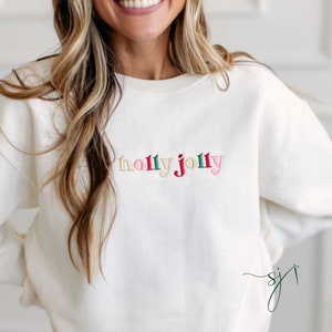 Holly Jolly Retro Embroidered Crewneck Sweatshirt or T-shirt, Christmas Colorful Winter Vintage Wash Tee, Secret Santa Gift