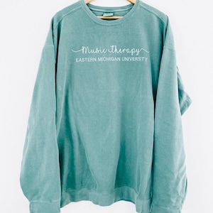 May include: A light blue sweatshirt with the text "Music Therapy" and "Eastern Michigan University" in white lettering.