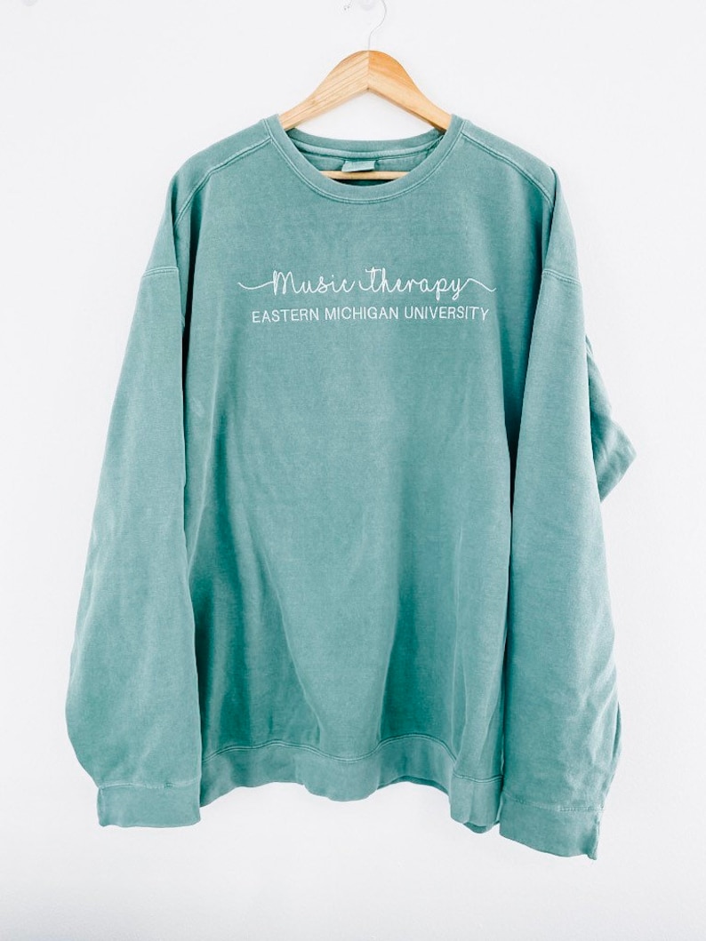 May include: A light blue sweatshirt with the text "Music Therapy" and "Eastern Michigan University" in white lettering.