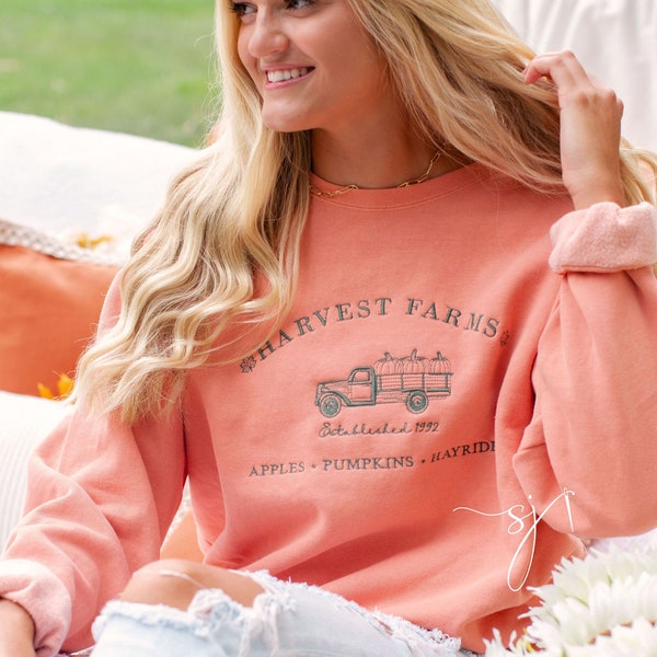 Harvest Farms Embroidered Comfort Colors Crewneck Sweatshirt l Fall Halloween Vintage Style Farm Orange Pumpkin Patch