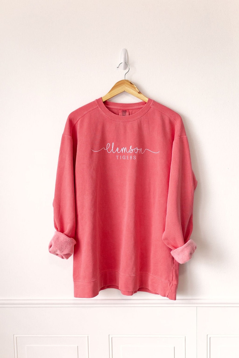 May include: A coral coloured sweatshirt with the words "Clemson Tigers" embroidered in white on the front.