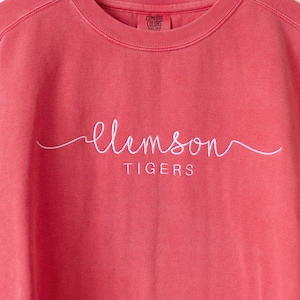 May include: A coral pink sweatshirt with the words "Clemson Tigers" embroidered in white.