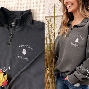 Spooky Season Comfort Colors Halloween Ghost Black Embroidered Crewneck Sweatshirt or T-shirt, PSL Pumpkin Fall, Cute and scary autumn Shirt image 7