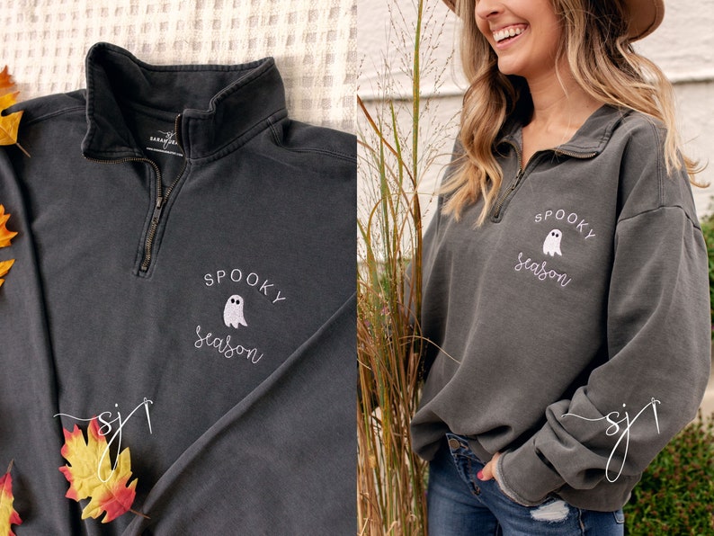 Spooky Season Comfort Colors Halloween Ghost Black Embroidered Crewneck Sweatshirt or T-shirt, PSL Pumpkin Fall, Cute and scary autumn Shirt image 7