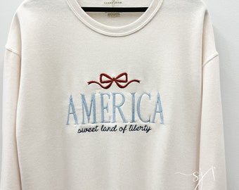 America Embroidered Patriotic Bow Crewneck Sweatshirt Fourth of July Summer Red White and Blue, Patriot, July 4th