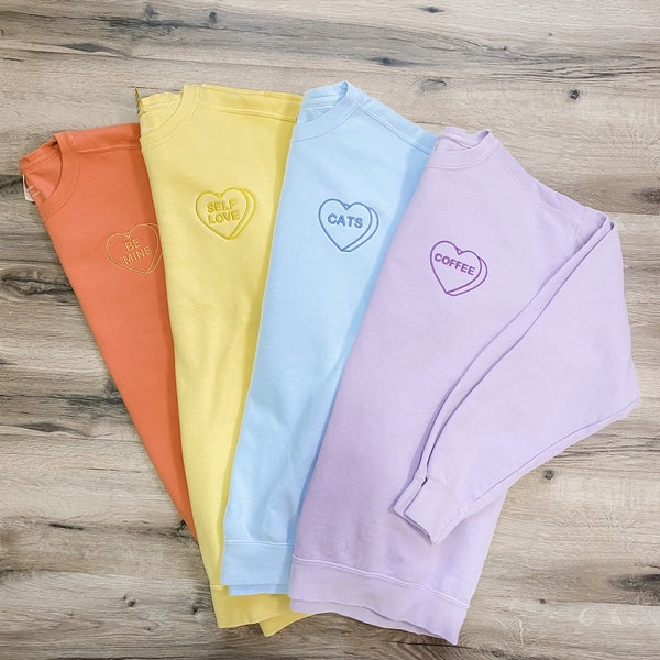 Custom Embroidered Candy Heart Comfort Colors Crewneck Sweatshirt, Personalized Conversation Heart, purple, lavender, orange, butter yellow