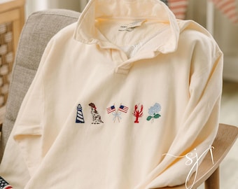 Custom Summer Icon Embroidered Comfort Wash Patriotic East Coast July 4th USA, Polo Sweatshirt, Nantucket Maine Delaware Florida Great Lakes