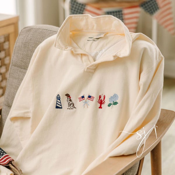 Sudadera tipo polo personalizada con bordado de icono veraniego, lavado cómodo, patriótico, costa este, 4 de julio, EE. UU., Nantucket, Maine, Delaware, Florida, Grandes Lagos.