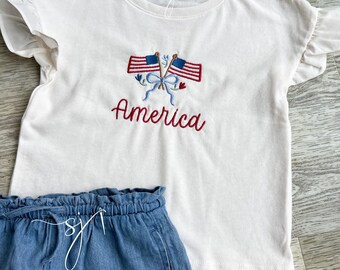 American Flags Embroidered Toddler Girl Tshirt with Ruffle Sleeves, July 4th Patriotic Shirt