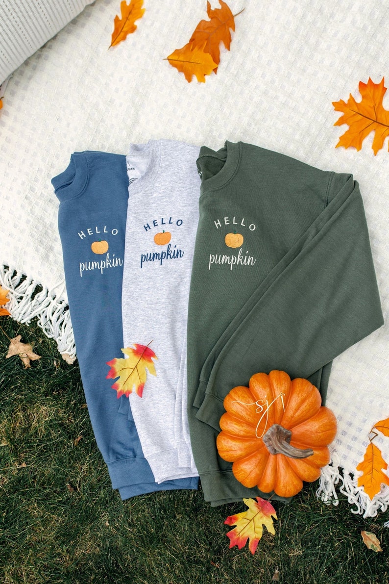 Hello Pumpkin Embroidered Custom Halloween Crewneck Sweatshirt, PSL Pumpkin Everything Fall, autumn image 1