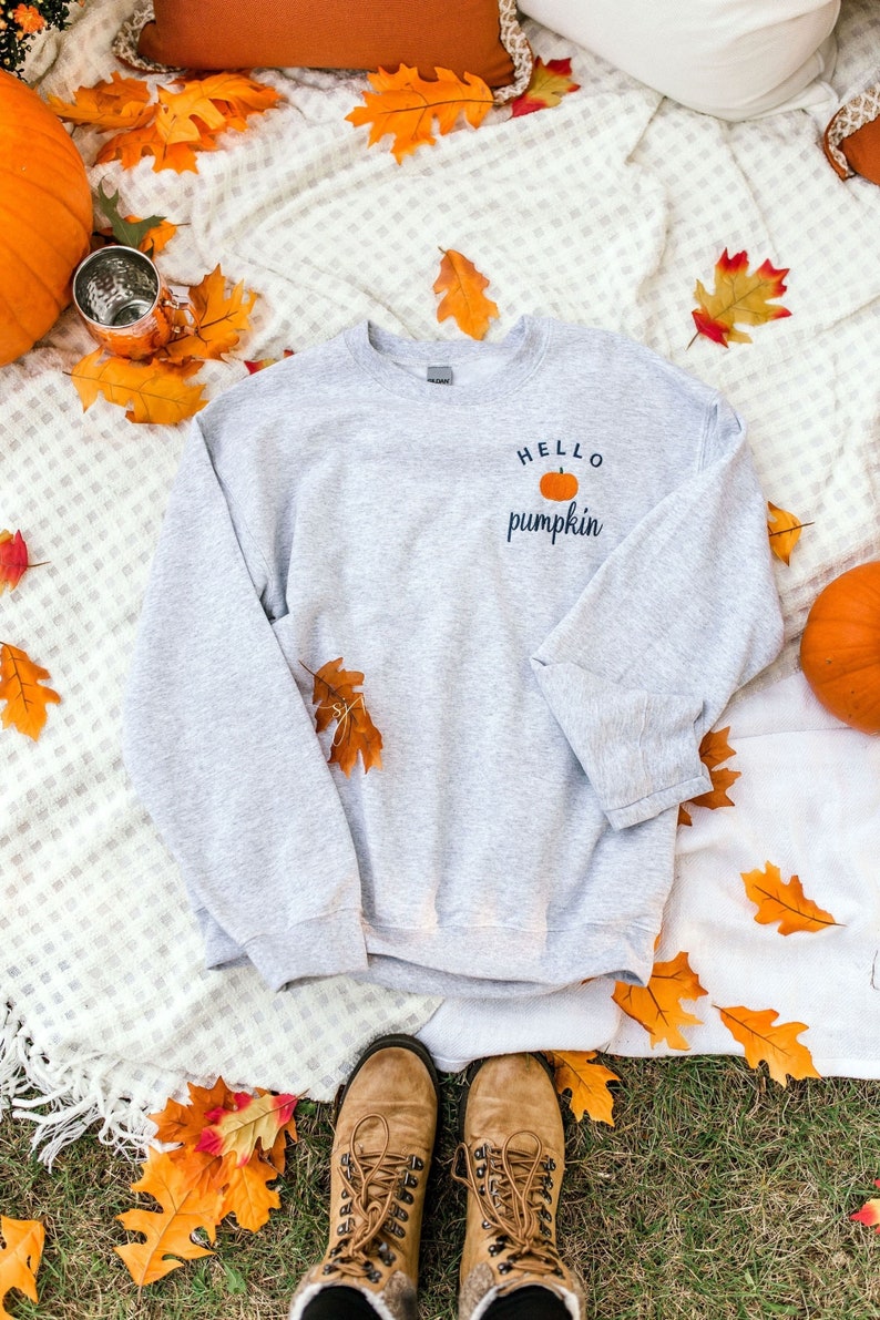 Hello Pumpkin Embroidered Custom Halloween Crewneck Sweatshirt, PSL Pumpkin Everything Fall, autumn image 3