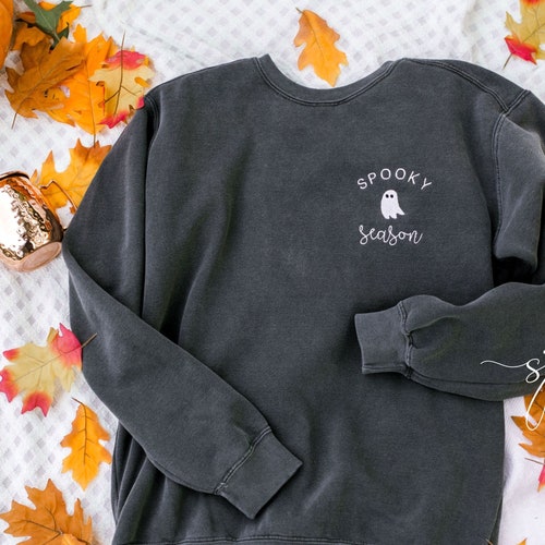 Spooky Season Comfort Colors Halloween Ghost Black Embroidered Crewneck Sweatshirt or T-shirt, PSL Pumpkin Fall, Cute and scary autumn Shirt