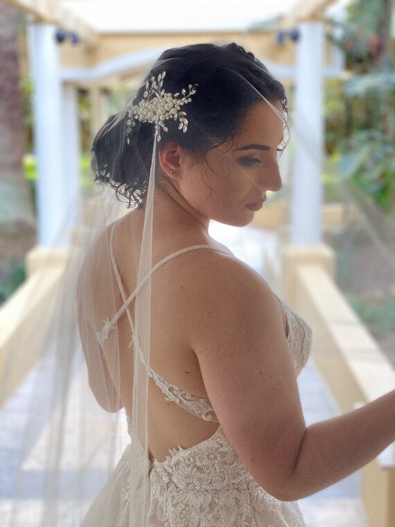 Crystal Ivory Lace Applique Wedding Veil with French Net Birdcage Blusher &  Scattered Crystal Edge