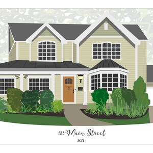 May include: A two-story, light green house with a gray roof and a brown door. The house has a white porch and a bay window. There are green bushes and trees in the front yard. The address "123 Main Street 2019" is written below the house.