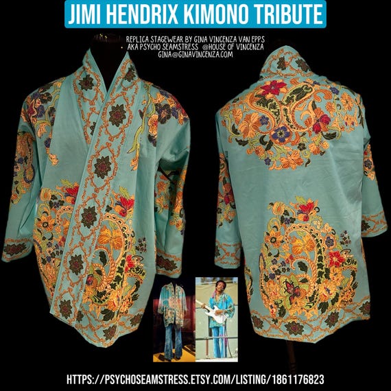 ジミ・ヘンドリックスのレプリカブルー着物。布にプリント、DIY