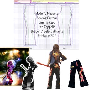 Op de afbeelding: Een naaipatroon voor een broek met wijde pijpen en een drakenontwerp. Het patroon is getiteld "Made To Measure Sewing Pattern Jimmy Page Led Zeppelin Dragon / Celestial Pants Printable PDF".