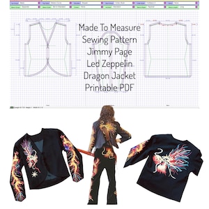 May include: A sewing pattern for a dragon jacket, with a gridded diagram of the pattern pieces and a photo of a person wearing a similar jacket. The text on the pattern reads "Made To Measure Sewing Pattern Jimmy Page Led Zeppelin Dragon Jacket Printable PDF".