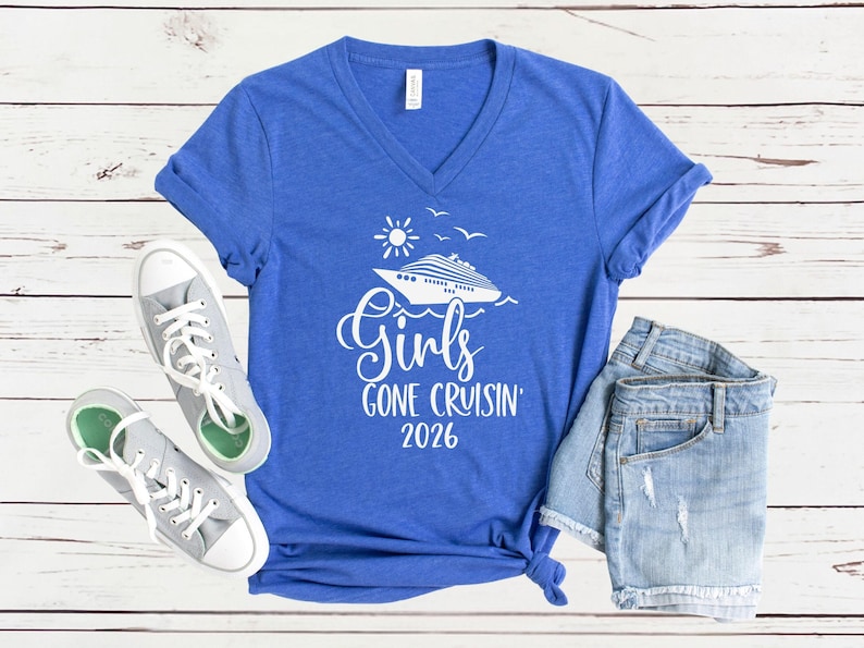Girls Gone Cruisin’ 2026 V-Neck Shirt, Cruise Trip T-Shirt, Matching Girls Vacation Tees Heather True Royal