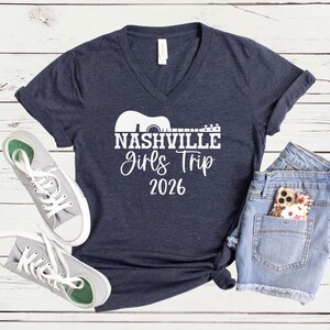 Nashville Girls Trip 2026 V-Neck Shirt, Girls Weekend Getaway Tee, Matching Vacation Shirts Heather Navy