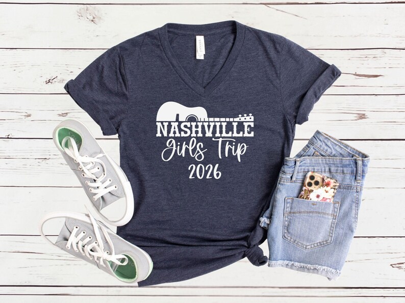 Nashville Girls Trip 2026 V-Neck Shirt, Girls Weekend Getaway Tee, Matching Vacation Shirts Heather Navy