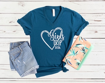 Girls Trip 2026 Heart V-Neck Shirt, Matching Weekend Road Trip Vacation Tee