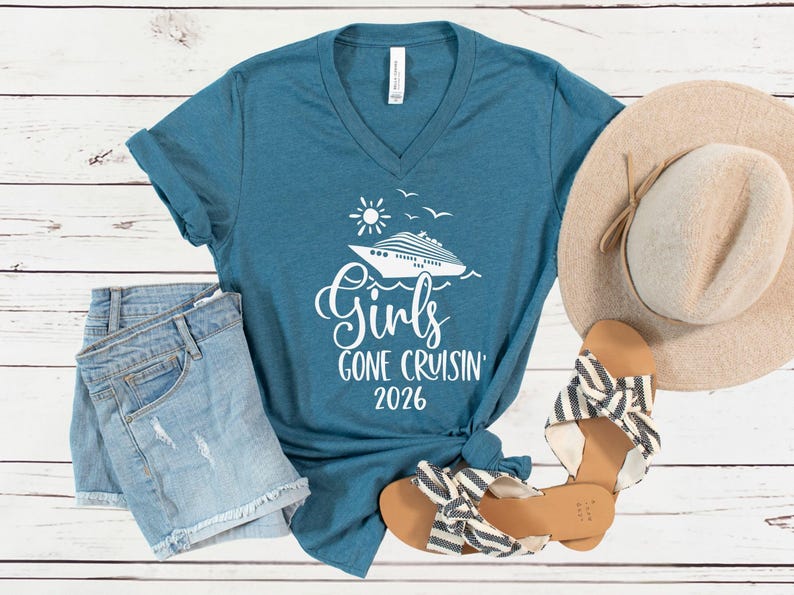 Girls Gone Cruisin’ 2026 V-Neck Shirt, Cruise Trip T-Shirt, Matching Girls Vacation Tees Heather Deep Teal