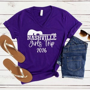 Nashville Girls Trip 2026 V-Neck Shirt, Girls Weekend Getaway Tee, Matching Vacation Shirts Team Purple