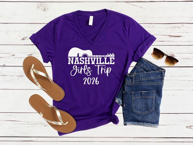 Nashville Girls Trip 2026 V-Neck Shirt, Girls Weekend Getaway Tee, Matching Vacation Shirts Team Purple