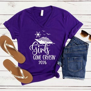 Girls Gone Cruisin’ 2026 V-Neck Shirt, Cruise Trip T-Shirt, Matching Girls Vacation Tees Team Purple