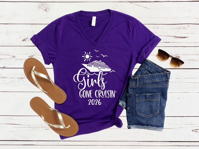 Girls Gone Cruisin’ 2026 V-Neck Shirt, Cruise Trip T-Shirt, Matching Girls Vacation Tees Team Purple