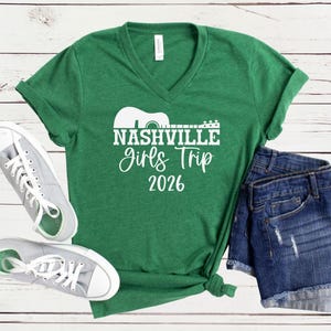 Nashville Girls Trip 2026 V-Neck Shirt, Girls Weekend Getaway Tee, Matching Vacation Shirts Heather Grass Green