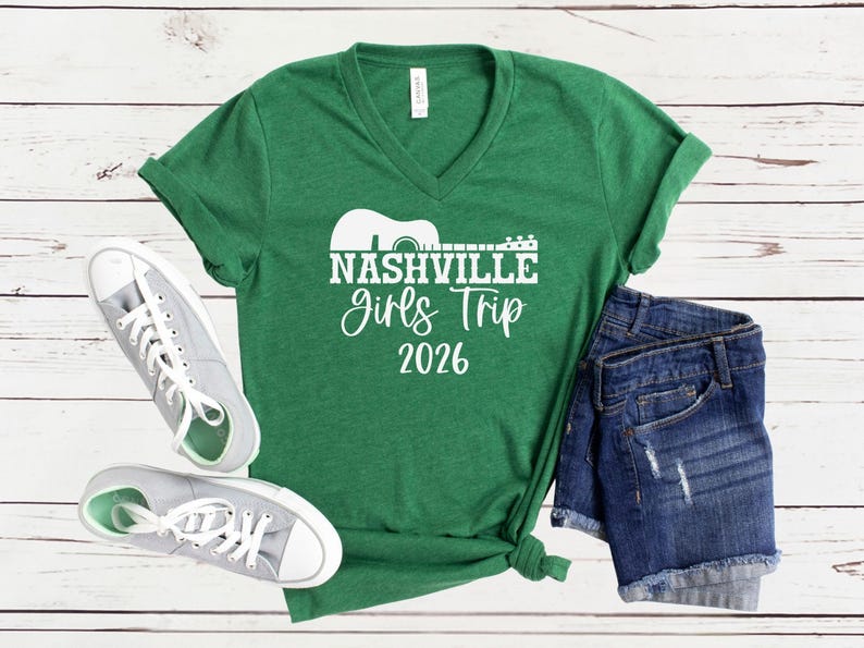 Nashville Girls Trip 2026 V-Neck Shirt, Girls Weekend Getaway Tee, Matching Vacation Shirts Heather Grass Green