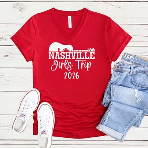 Nashville Girls Trip 2026 V-Neck Shirt, Girls Weekend Getaway Tee, Matching Vacation Shirts Red