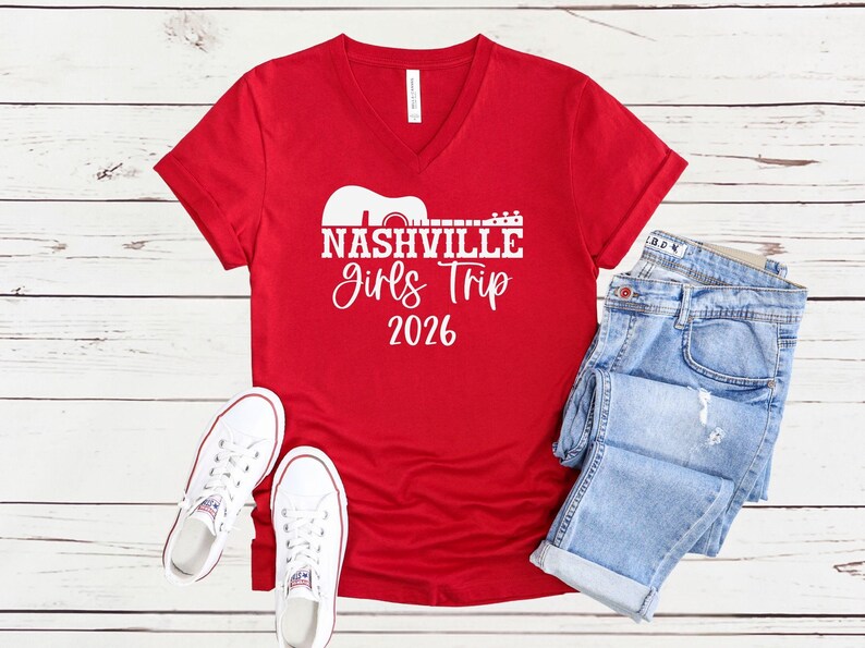 Nashville Girls Trip 2026 V-Neck Shirt, Girls Weekend Getaway Tee, Matching Vacation Shirts Red