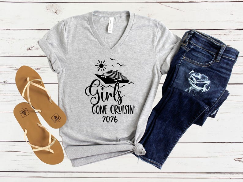 Girls Gone Cruisin’ 2026 V-Neck Shirt, Cruise Trip T-Shirt, Matching Girls Vacation Tees Athletic Heather