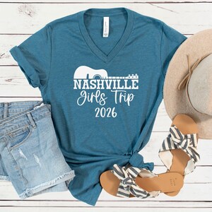 Nashville Girls Trip 2026 V-Neck Shirt, Girls Weekend Getaway Tee, Matching Vacation Shirts Heather Deep Teal