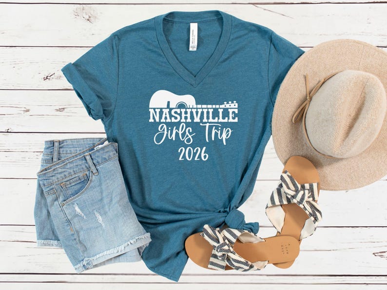 Nashville Girls Trip 2026 V-Neck Shirt, Girls Weekend Getaway Tee, Matching Vacation Shirts Heather Deep Teal