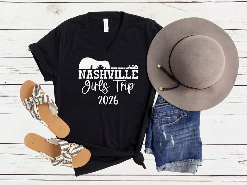 Nashville Girls Trip 2026 V-Neck Shirt, Girls Weekend Getaway Tee, Matching Vacation Shirts Black