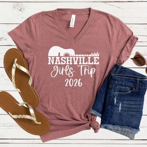 Nashville Girls Trip 2026 V-Neck Shirt, Girls Weekend Getaway Tee, Matching Vacation Shirts Heather Mauve