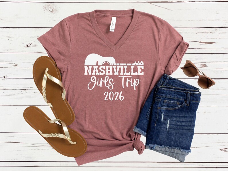 Nashville Girls Trip 2026 V-Neck Shirt, Girls Weekend Getaway Tee, Matching Vacation Shirts Heather Mauve