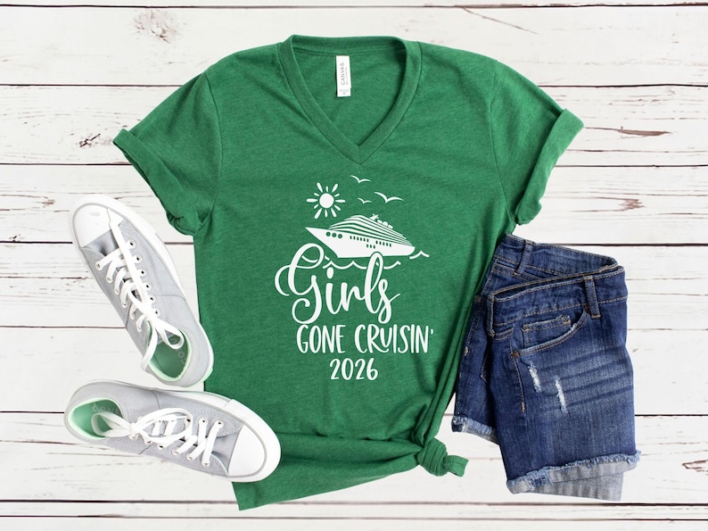 Girls Gone Cruisin’ 2026 V-Neck Shirt, Cruise Trip T-Shirt, Matching Girls Vacation Tees Heather Grass Green