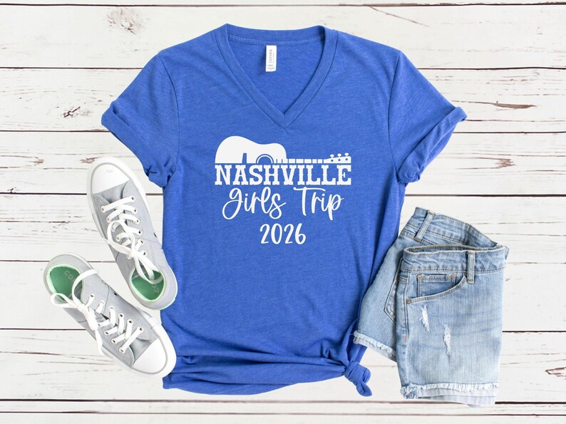 Nashville Girls Trip 2026 V-Neck Shirt, Girls Weekend Getaway Tee, Matching Vacation Shirts Heather True Royal