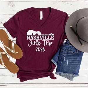 Nashville Girls Trip 2026 V-Neck Shirt, Girls Weekend Getaway Tee, Matching Vacation Shirts Maroon