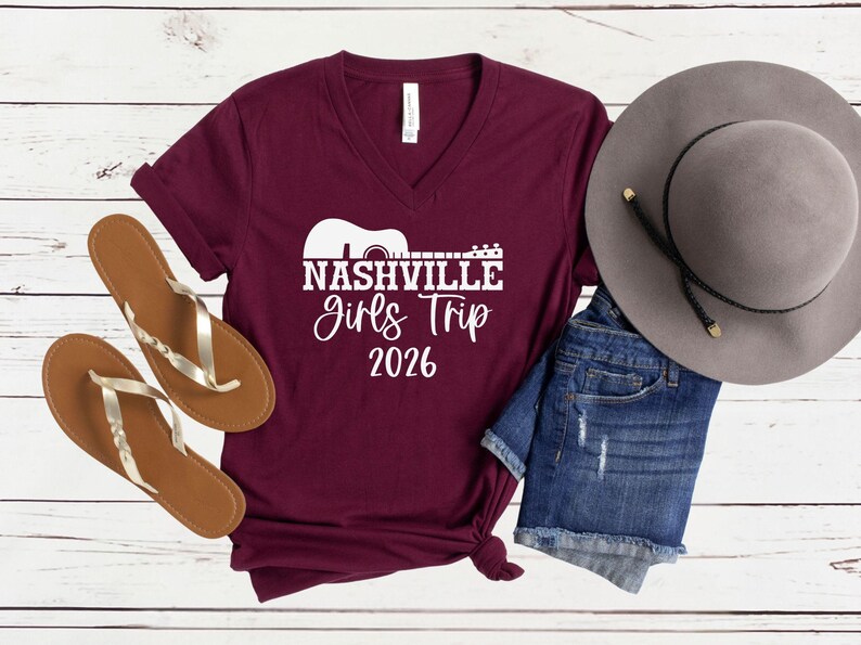 Nashville Girls Trip 2026 V-Neck Shirt, Girls Weekend Getaway Tee, Matching Vacation Shirts Maroon