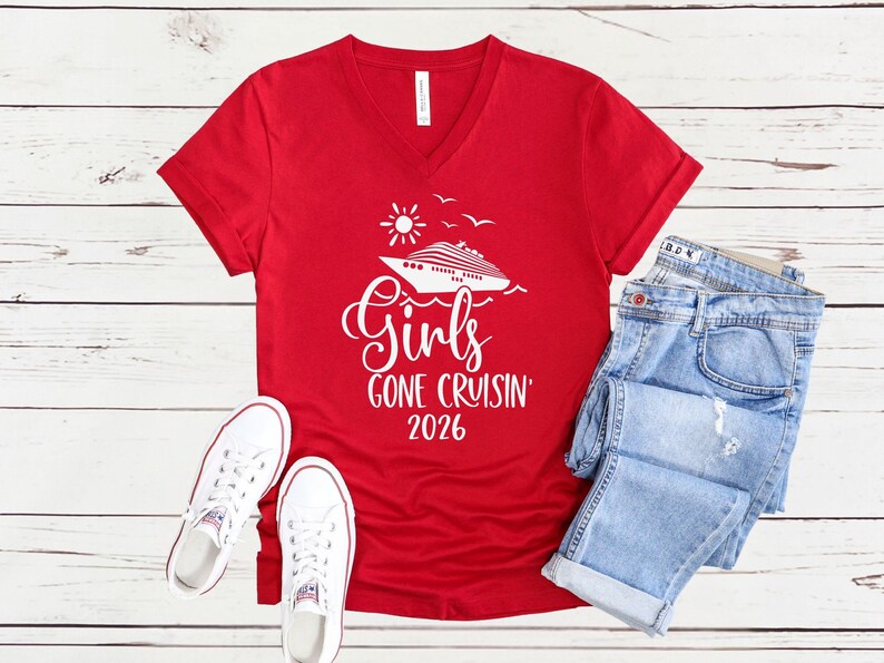 Girls Gone Cruisin’ 2026 V-Neck Shirt, Cruise Trip T-Shirt, Matching Girls Vacation Tees Red