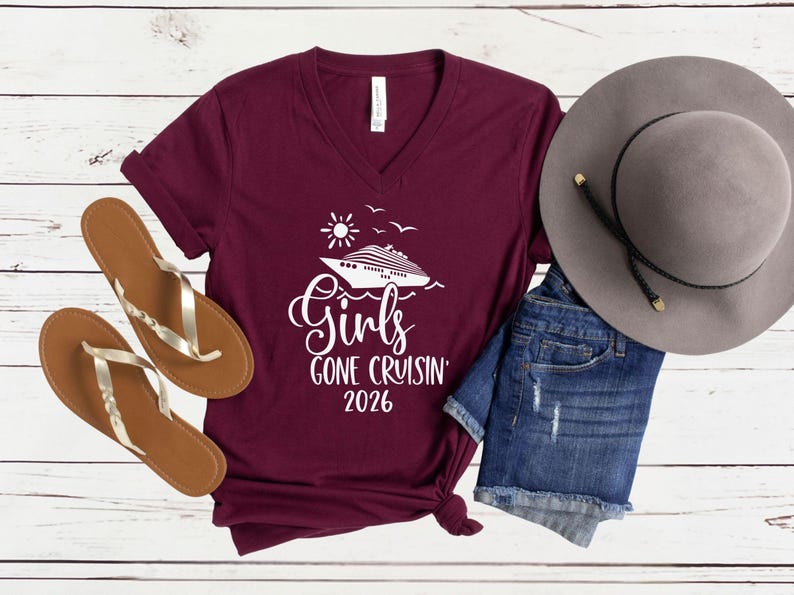 Girls Gone Cruisin’ 2026 V-Neck Shirt, Cruise Trip T-Shirt, Matching Girls Vacation Tees Maroon