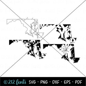 Maryland Map Map Umriss: Zustand Silhouette, Typografie Clip Art (Digitaler Download)